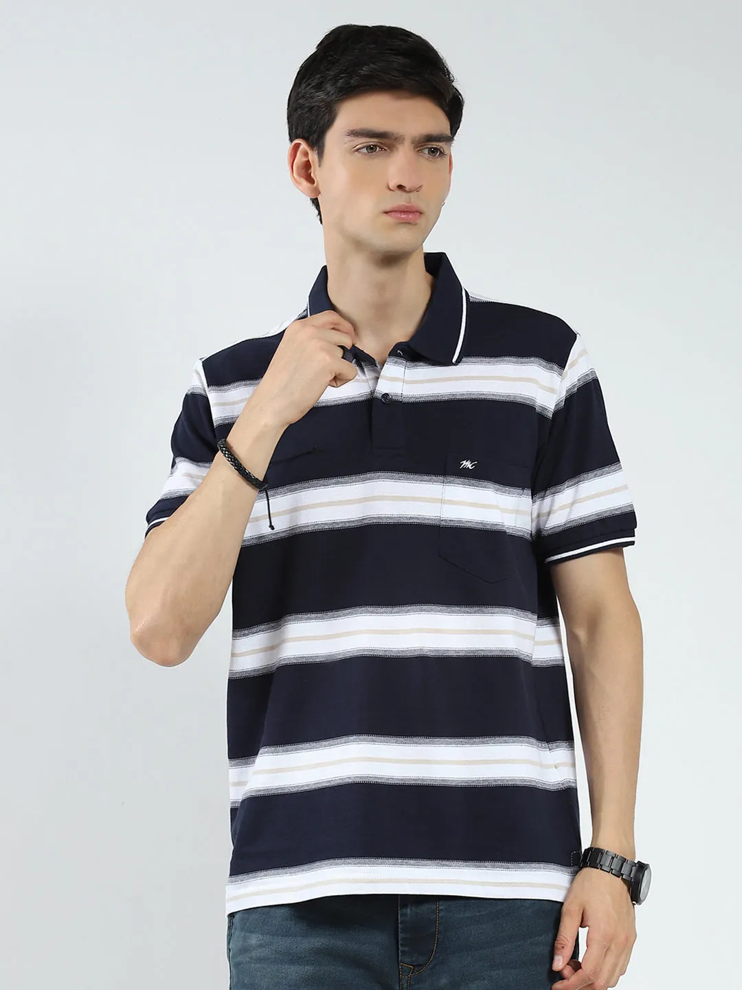 Men Navy Blue Stripe Collar Half Sleeve T-Shirt sold by Monte Carlo