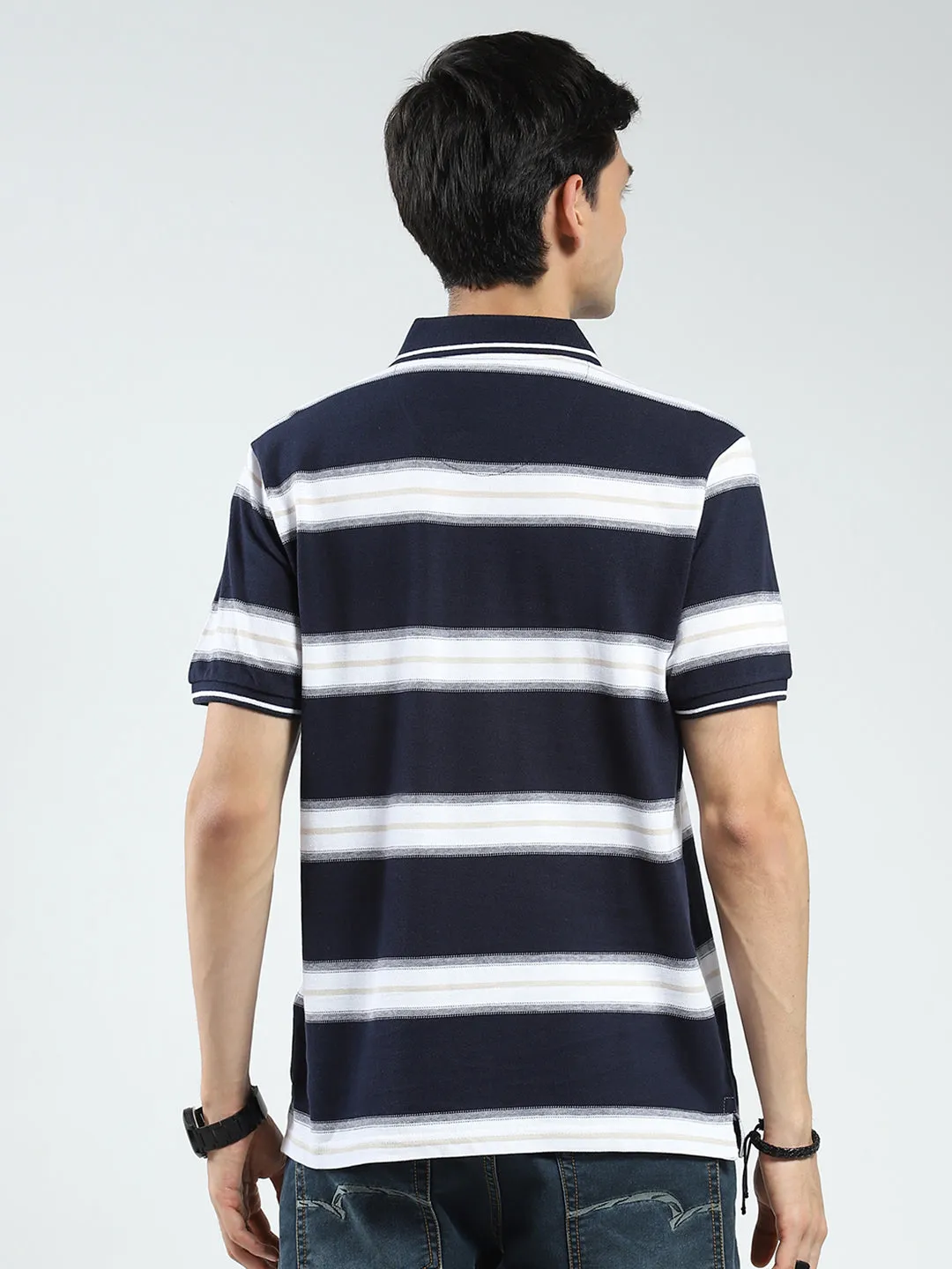 Men Navy Blue Stripe Collar Half Sleeve T-Shirt sold by Monte Carlo product image thumbnail 5