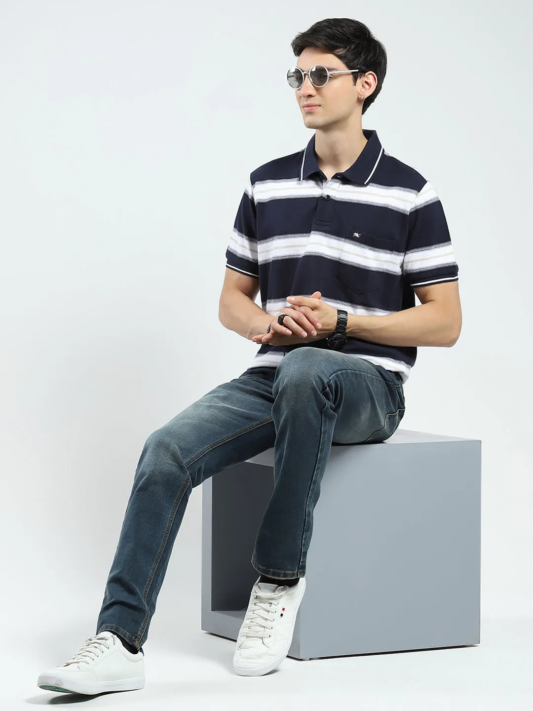 Men Navy Blue Stripe Collar Half Sleeve T-Shirt sold by Monte Carlo product image thumbnail 2