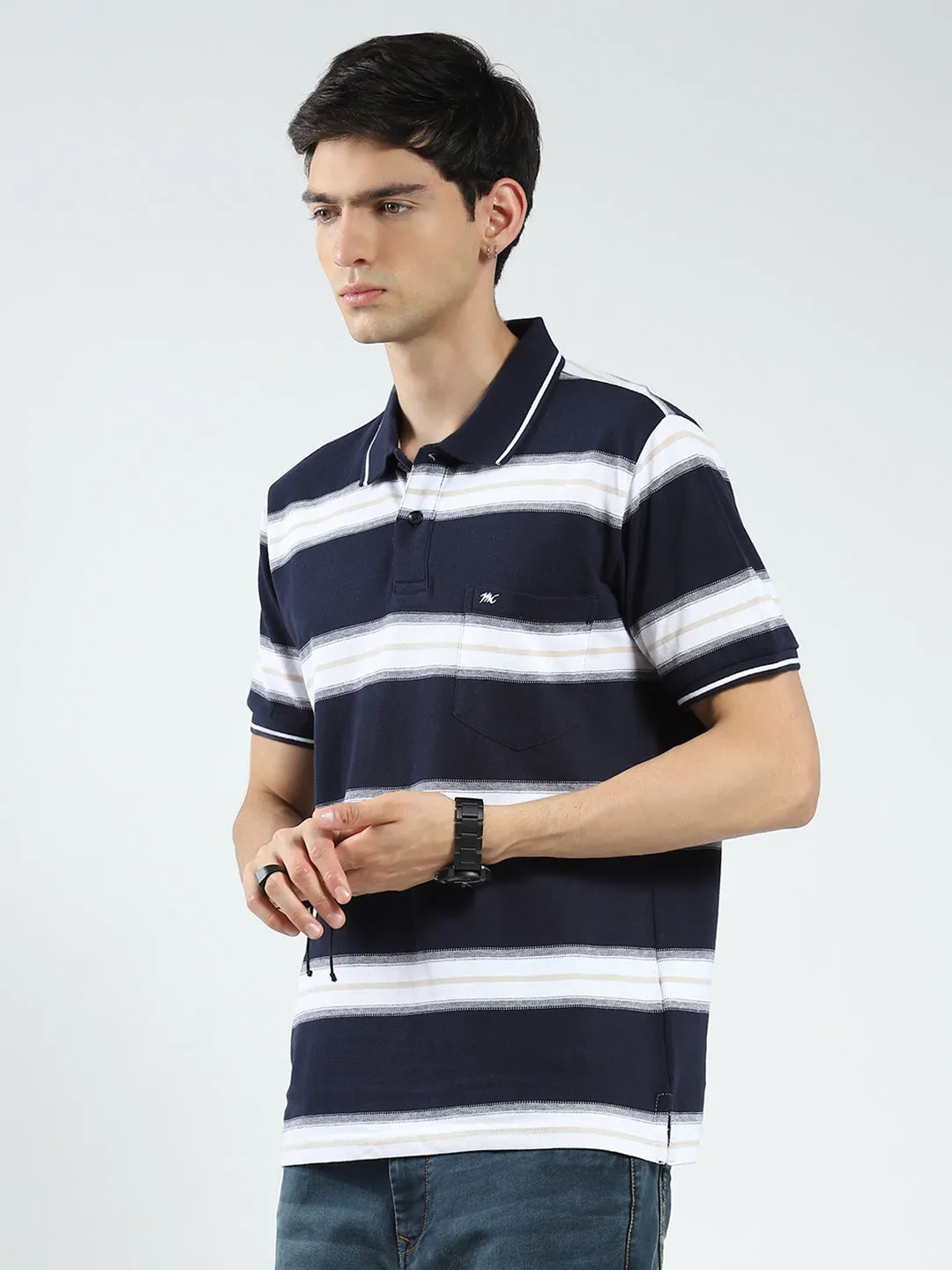 Men Navy Blue Stripe Collar Half Sleeve T-Shirt sold by Monte Carlo product image thumbnail 3