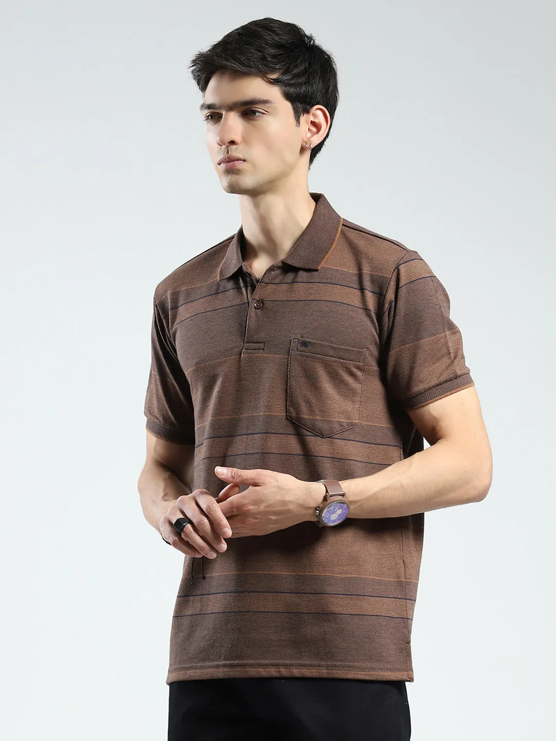 Men Brown Stripe Collar Half Sleeve T-Shirt sold by Monte Carlo product image thumbnail 3
