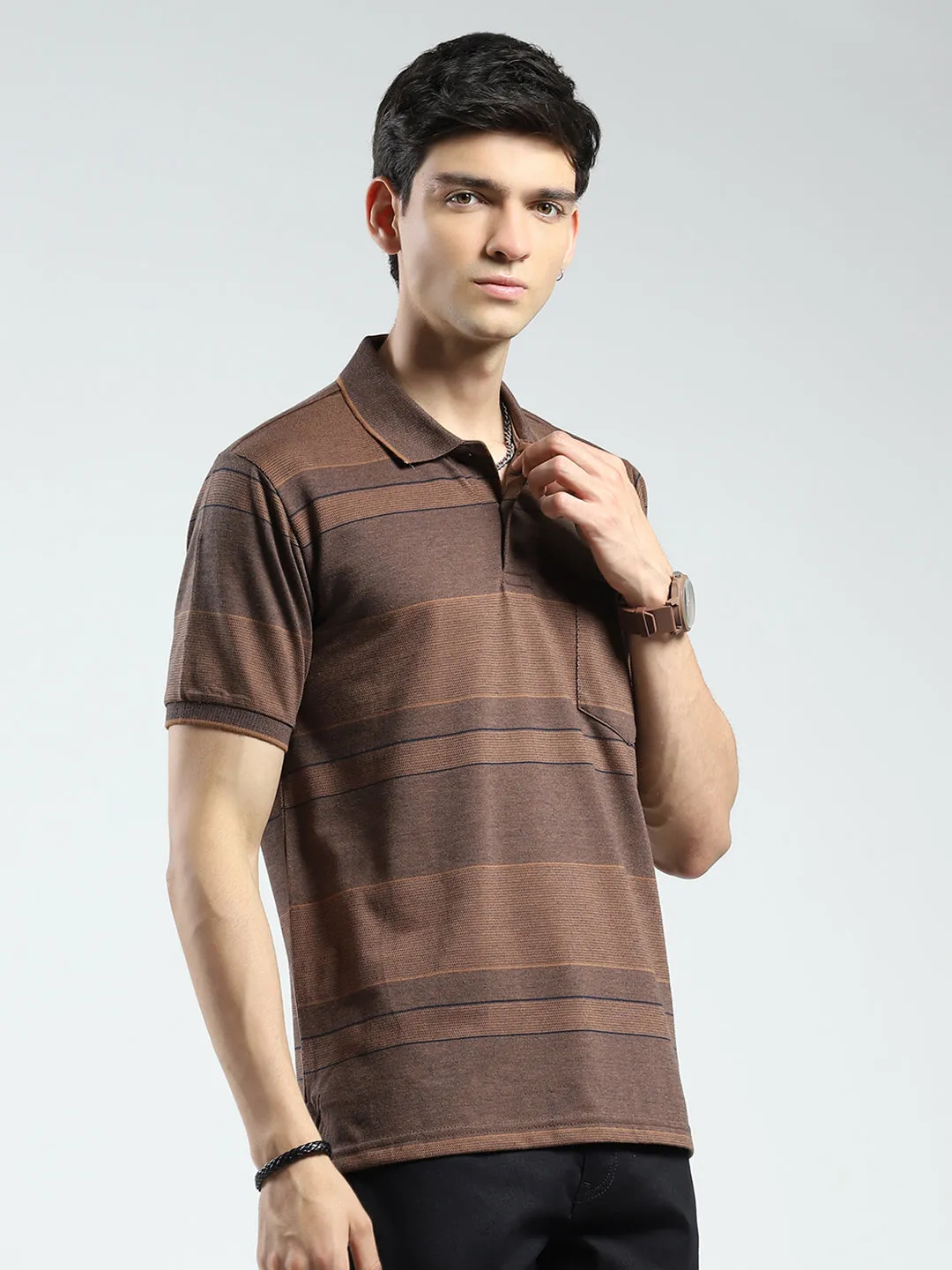 Men Brown Stripe Collar Half Sleeve T-Shirt sold by Monte Carlo product image thumbnail 4