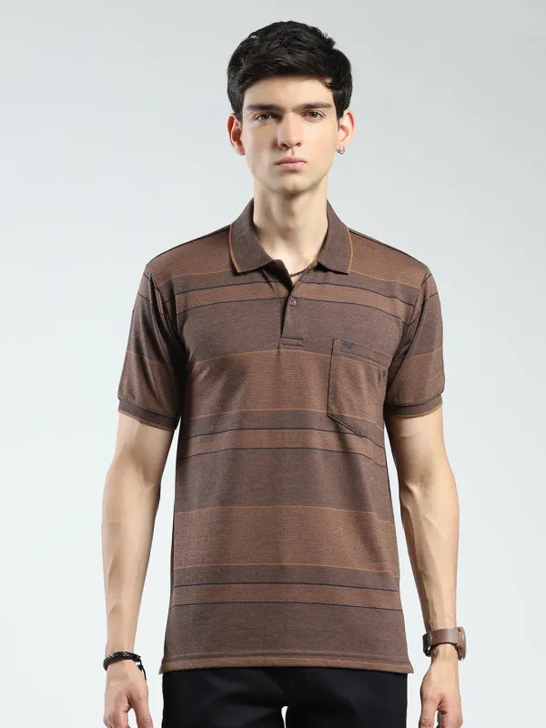 Men Brown Stripe Collar Half Sleeve T-Shirt made by Monte Carlo