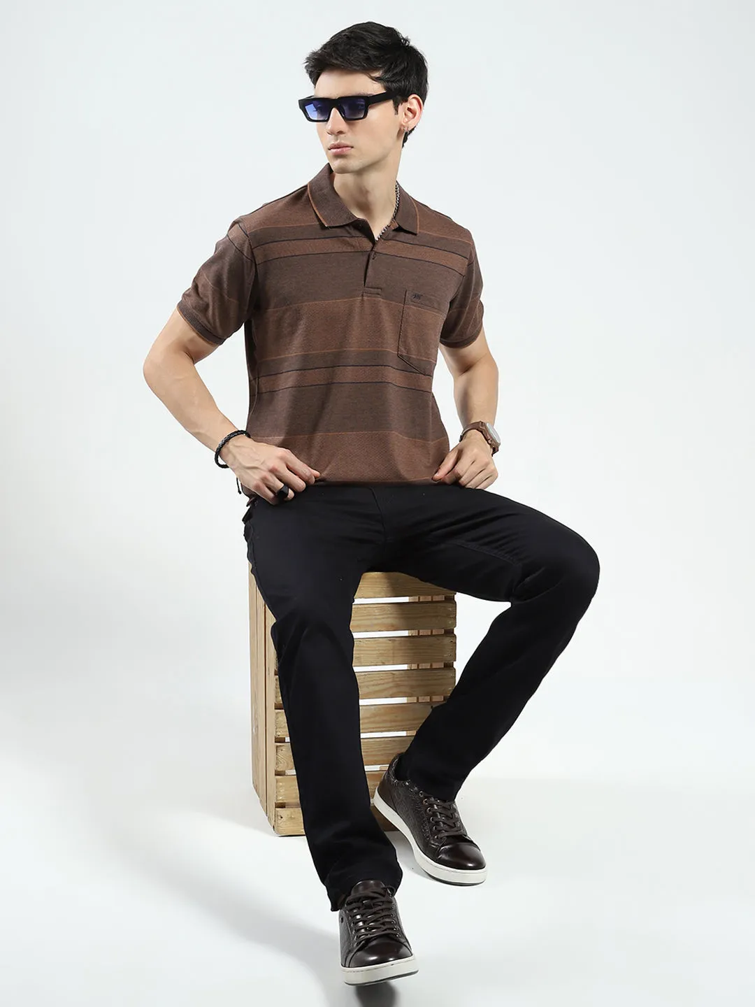 Men Brown Stripe Collar Half Sleeve T-Shirt sold by Monte Carlo product image thumbnail 2