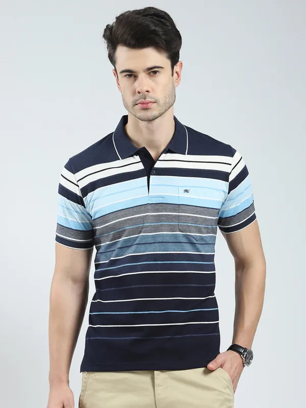 Men Navy Blue Stripe Collar Half Sleeve T-Shirt made by Monte Carlo