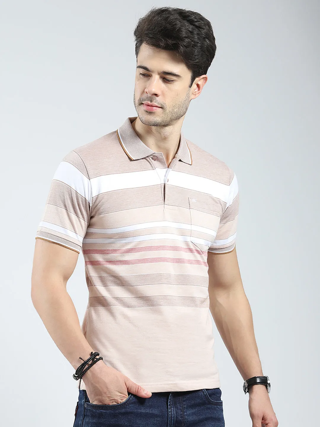 Men Beige Stripe Collar Half Sleeve T-Shirt sold by Monte Carlo product image thumbnail 4