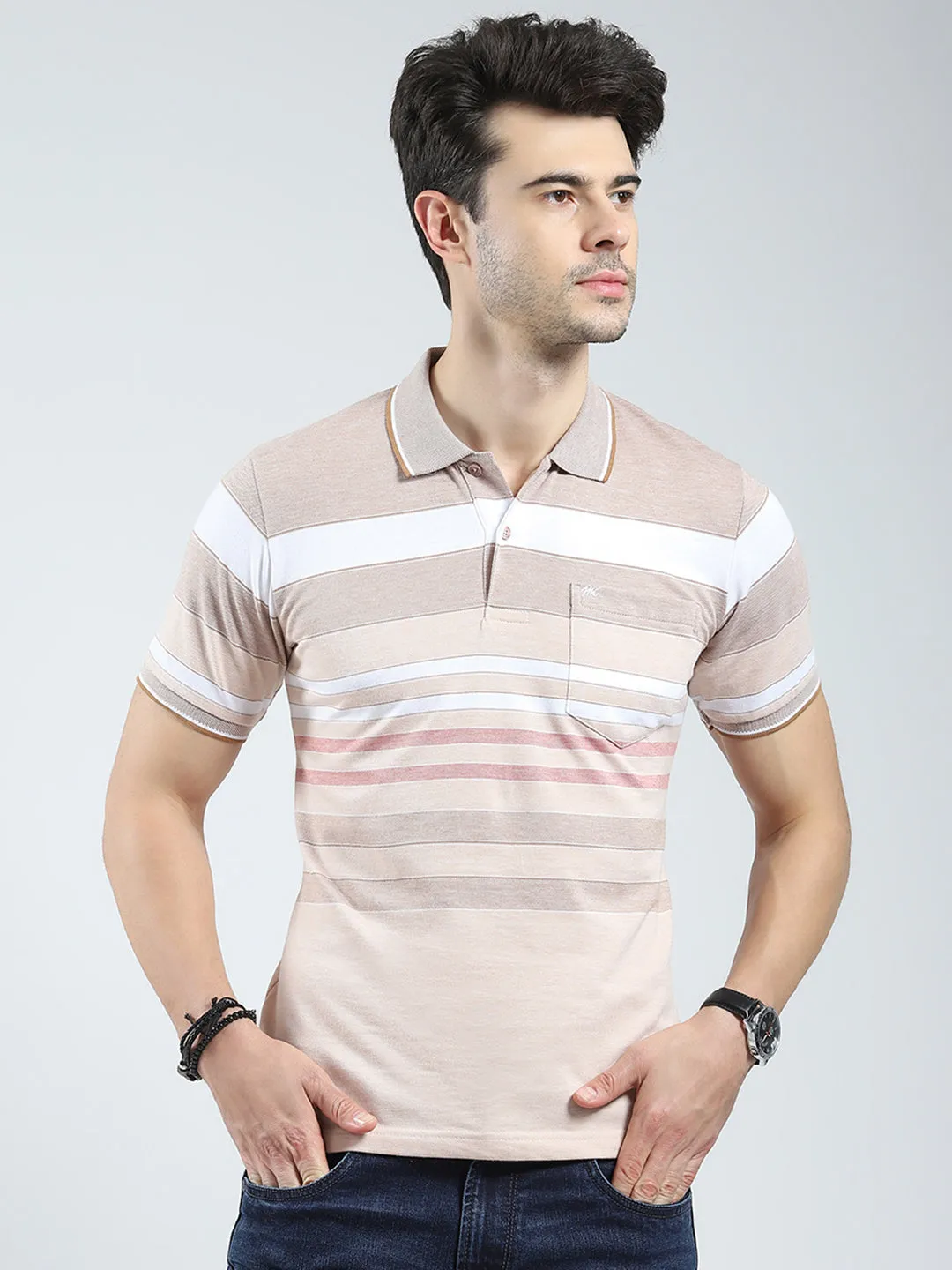 Men Beige Stripe Collar Half Sleeve T-Shirt sold by Monte Carlo