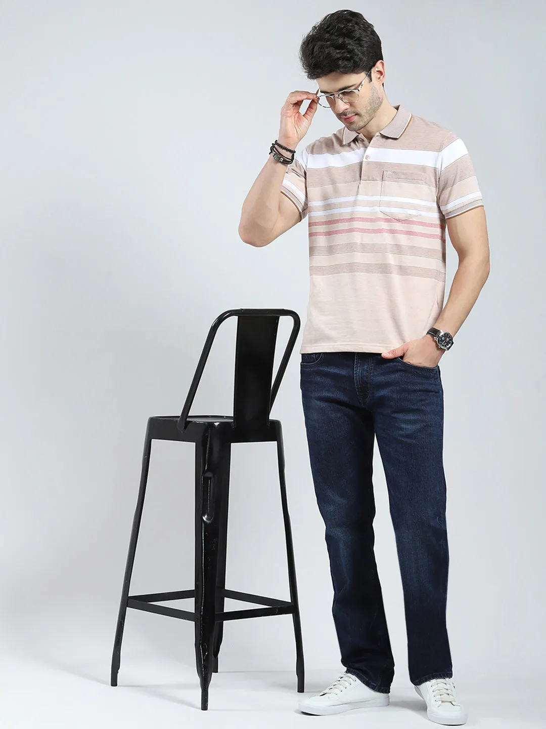 Men Beige Stripe Collar Half Sleeve T-Shirt sold by Monte Carlo product image thumbnail 2