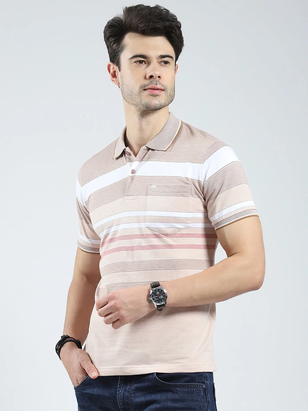 Men Beige Stripe Collar Half Sleeve T-Shirt sold by Monte Carlo product image thumbnail 3