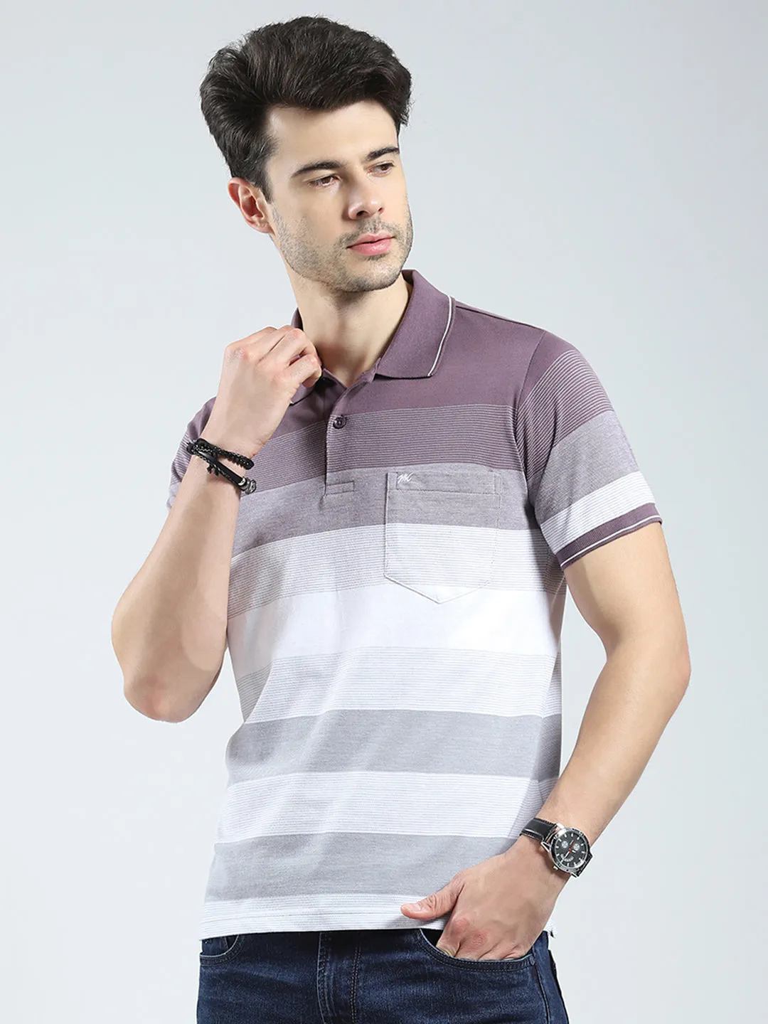 Men Mauve Stripe Collar Half Sleeve T-Shirt sold by Monte Carlo product image thumbnail 3