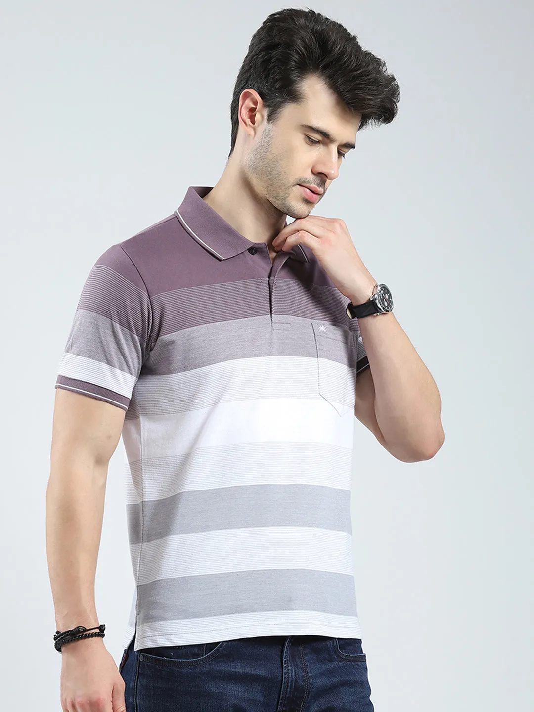 Men Mauve Stripe Collar Half Sleeve T-Shirt sold by Monte Carlo product image thumbnail 4