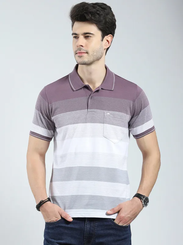 Men Mauve Stripe Collar Half Sleeve T-Shirt made by Monte Carlo