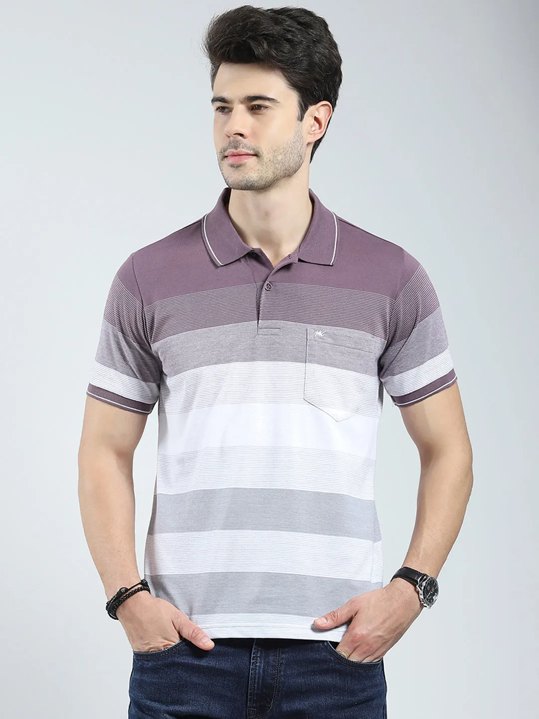 Men Mauve Stripe Collar Half Sleeve T-Shirt sold by Monte Carlo