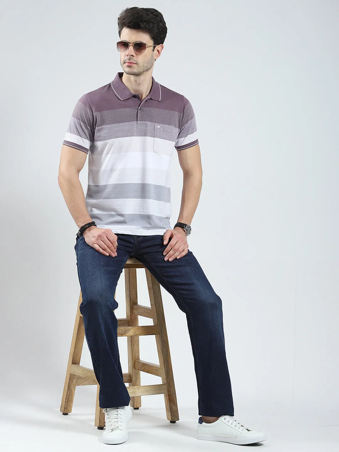 Men Mauve Stripe Collar Half Sleeve T-Shirt sold by Monte Carlo product image thumbnail 2