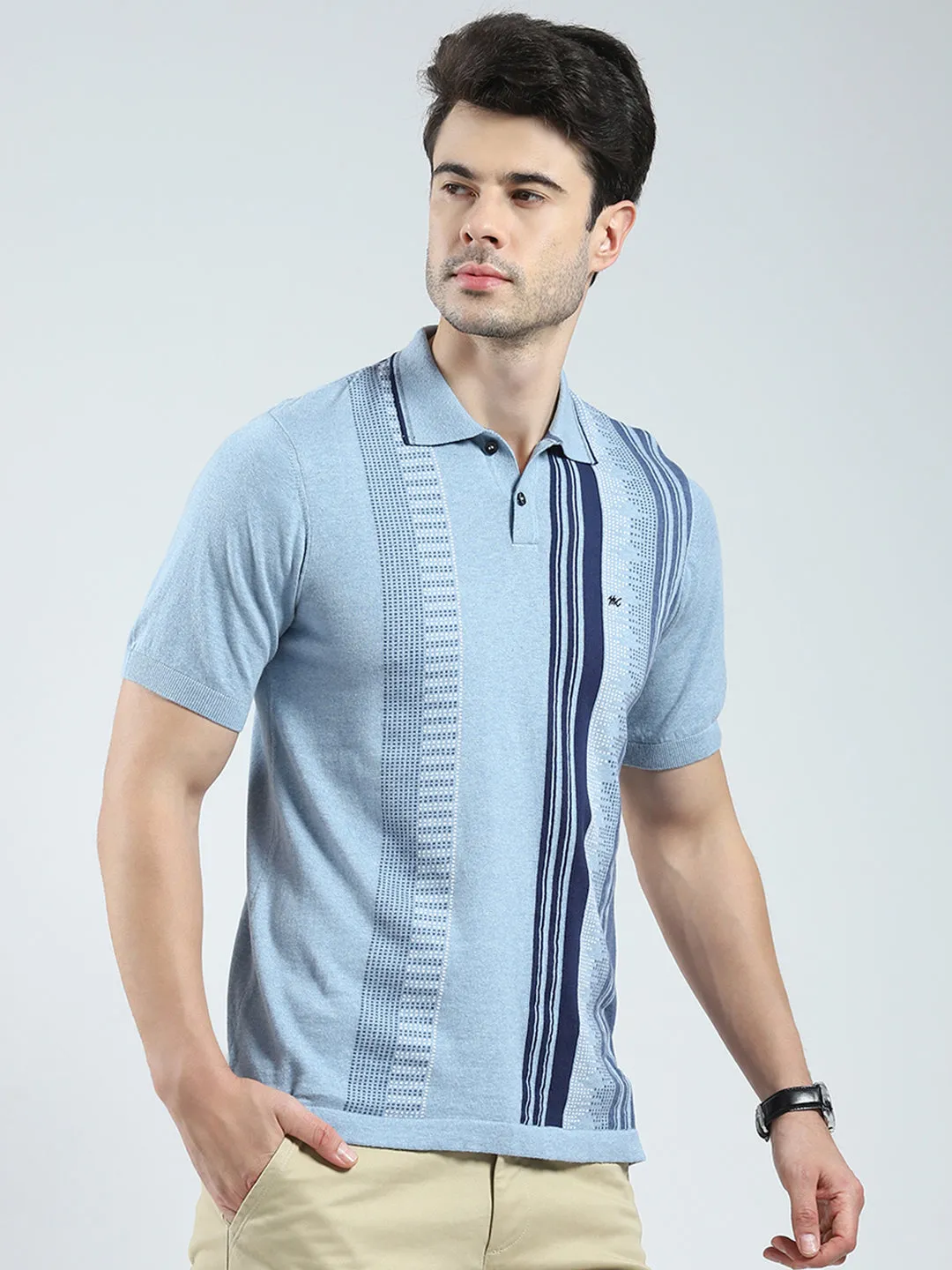 Men Blue Self Design Collar Half Sleeve T-Shirt sold by Monte Carlo product image thumbnail 4