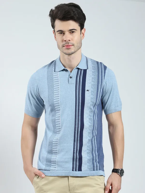 Men Blue Self Design Collar Half Sleeve T-Shirt made by Monte Carlo