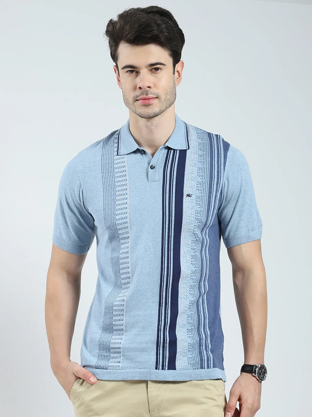 Men Blue Self Design Collar Half Sleeve T-Shirt sold by Monte Carlo
