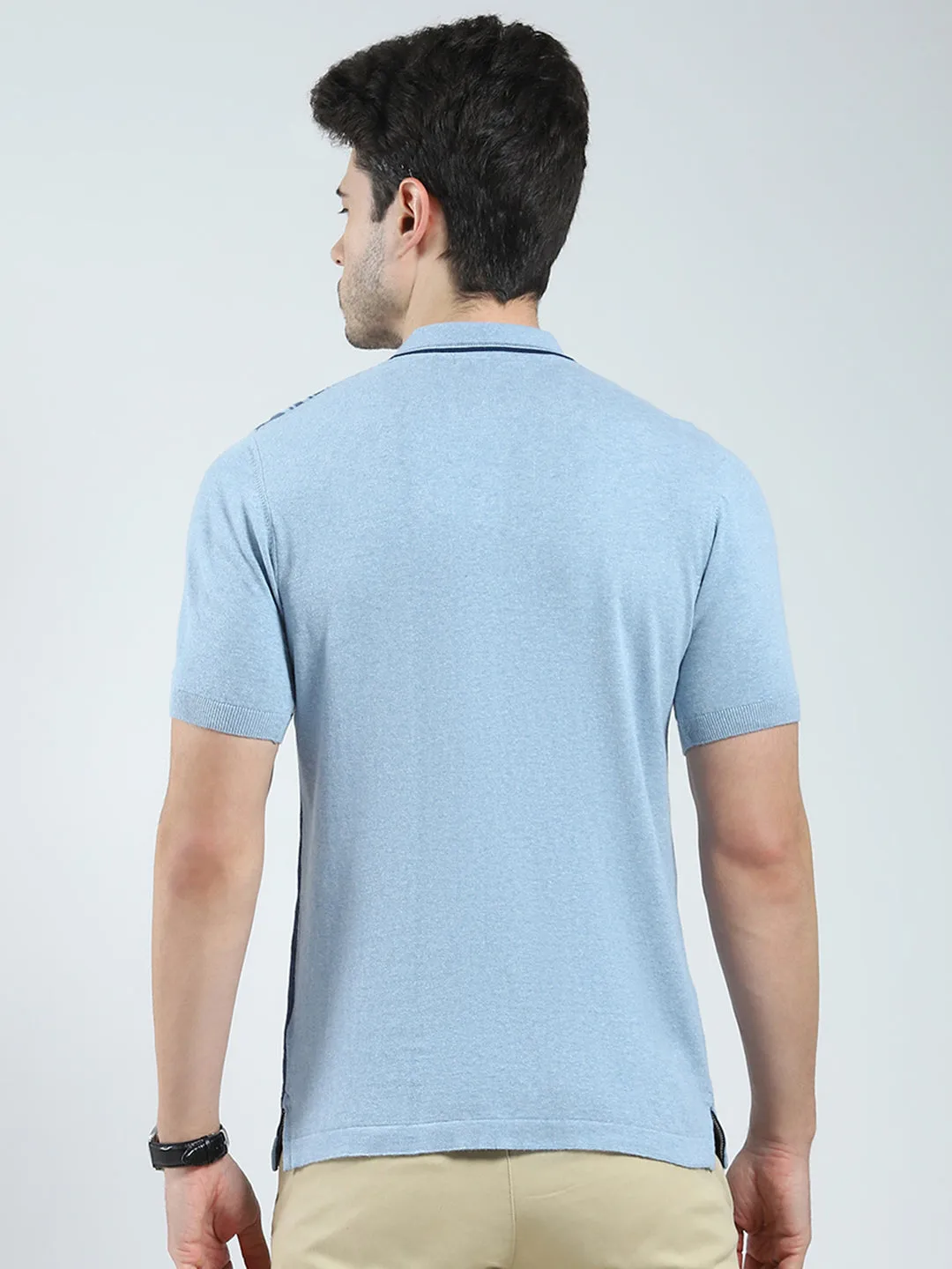 Men Blue Self Design Collar Half Sleeve T-Shirt sold by Monte Carlo product image thumbnail 5