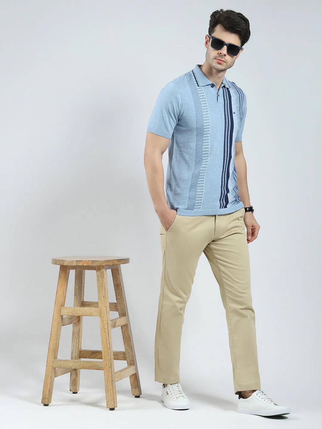 Men Blue Self Design Collar Half Sleeve T-Shirt sold by Monte Carlo product image thumbnail 2