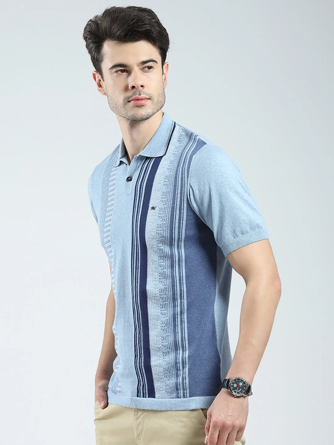 Men Blue Self Design Collar Half Sleeve T-Shirt sold by Monte Carlo product image thumbnail 3