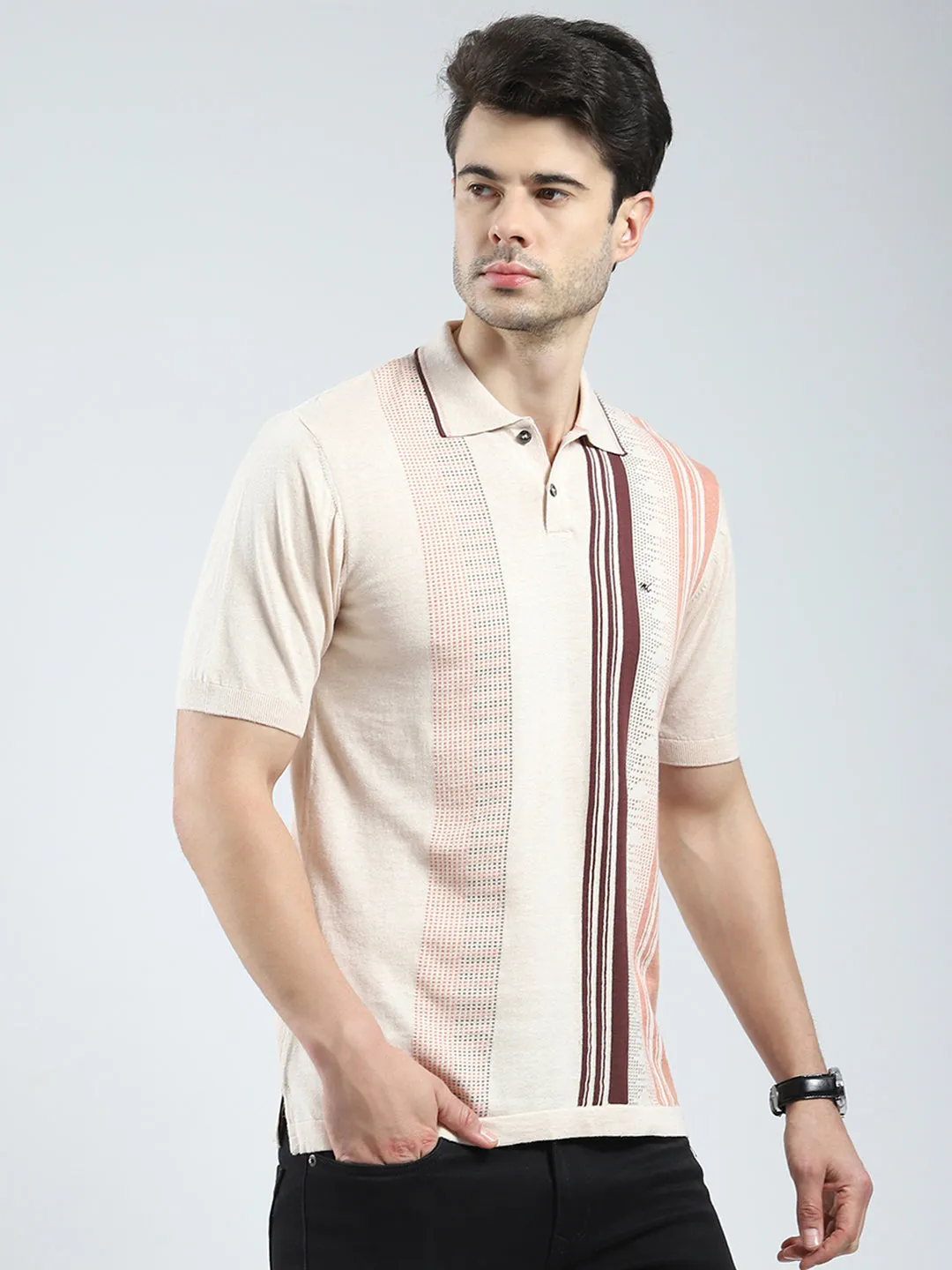 Men Beige Self Design Collar Half Sleeve T-Shirt sold by Monte Carlo product image thumbnail 4