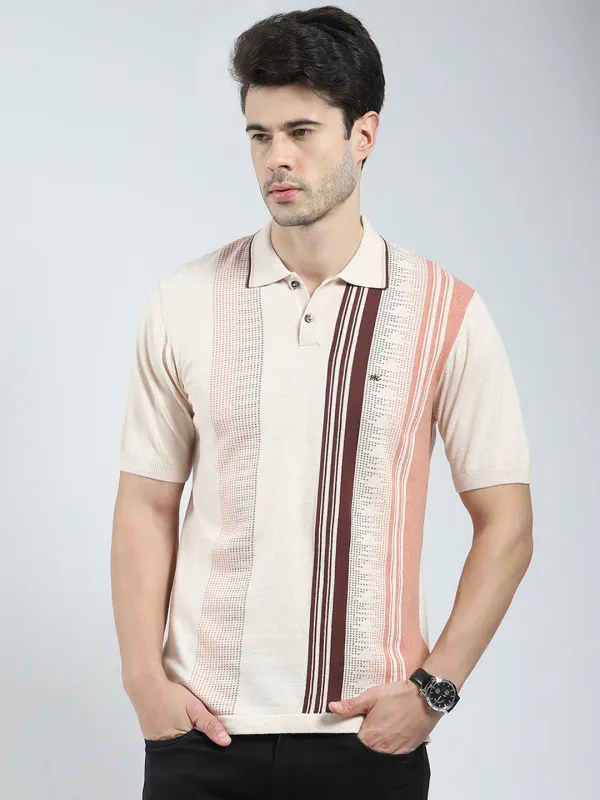 Men Beige Self Design Collar Half Sleeve T-Shirt made by Monte Carlo