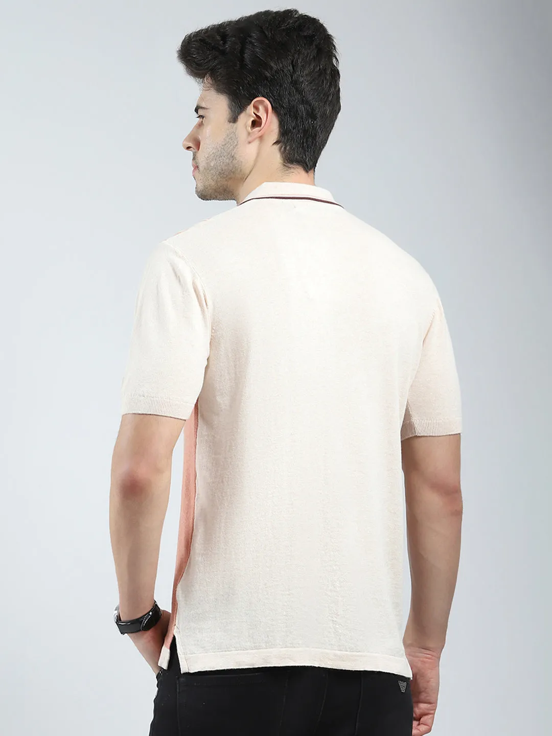 Men Beige Self Design Collar Half Sleeve T-Shirt sold by Monte Carlo product image thumbnail 5