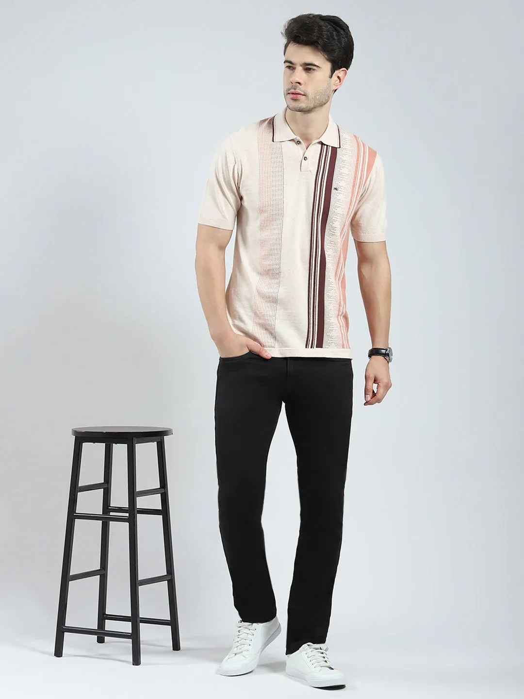 Men Beige Self Design Collar Half Sleeve T-Shirt sold by Monte Carlo product image thumbnail 2