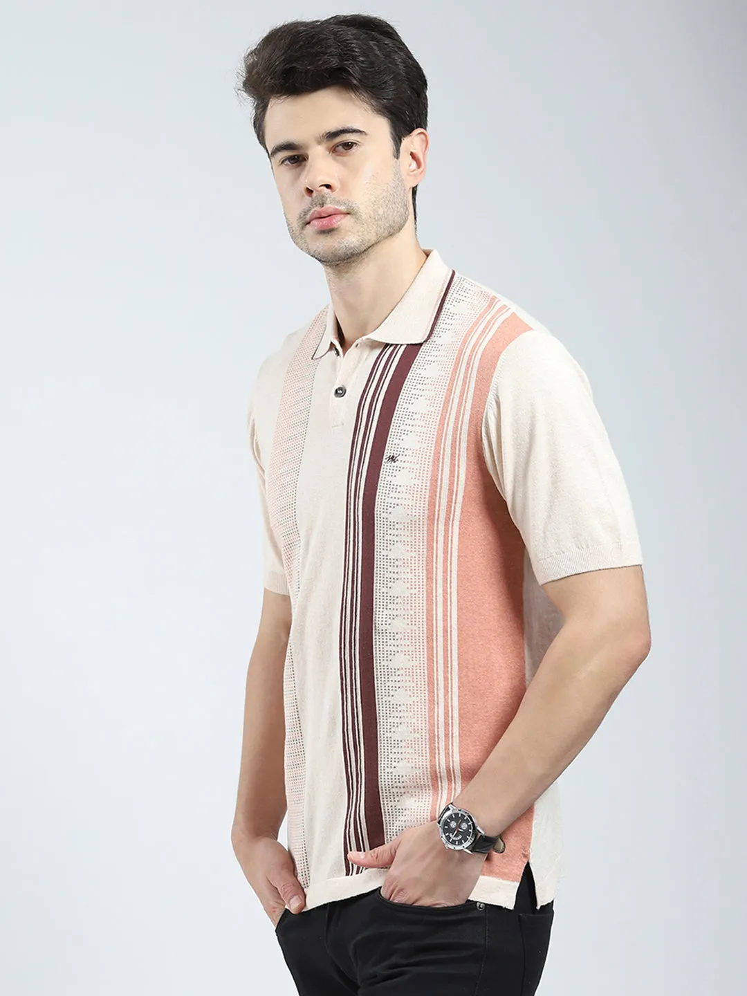 Men Beige Self Design Collar Half Sleeve T-Shirt sold by Monte Carlo product image thumbnail 3