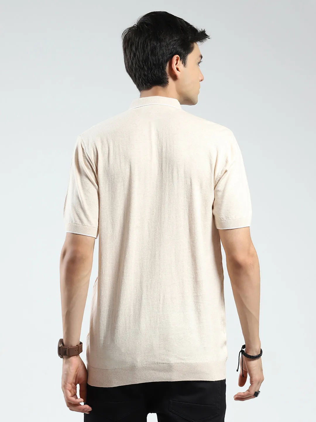 Men Beige Solid Collar Half Sleeve T-Shirt sold by Monte Carlo product image thumbnail 5