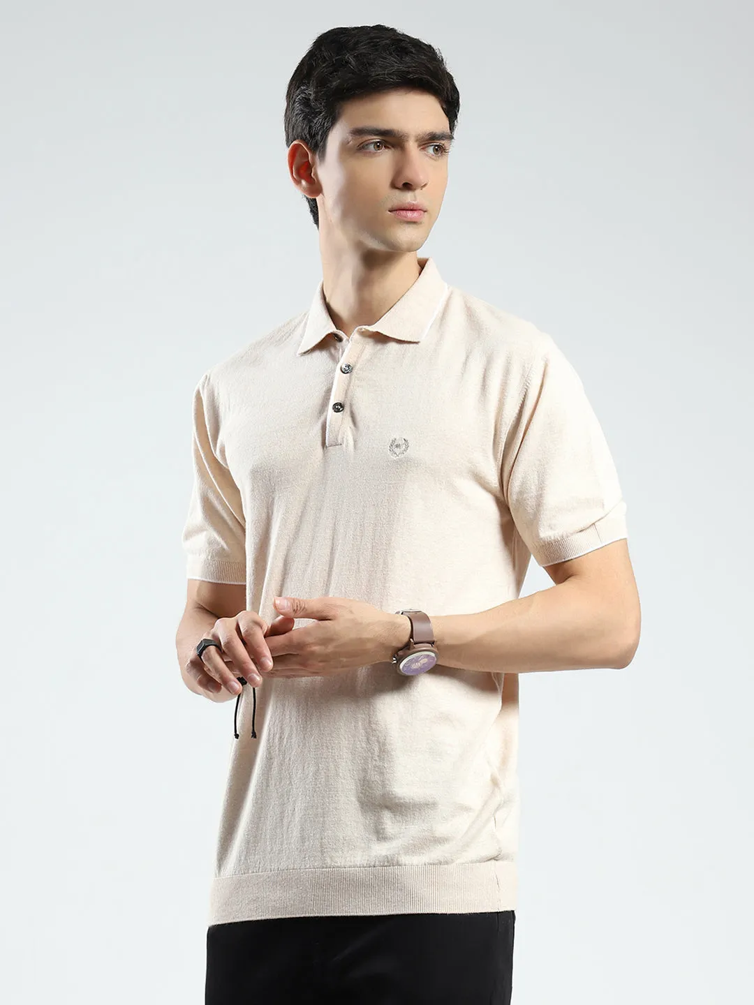 Men Beige Solid Collar Half Sleeve T-Shirt sold by Monte Carlo product image thumbnail 3