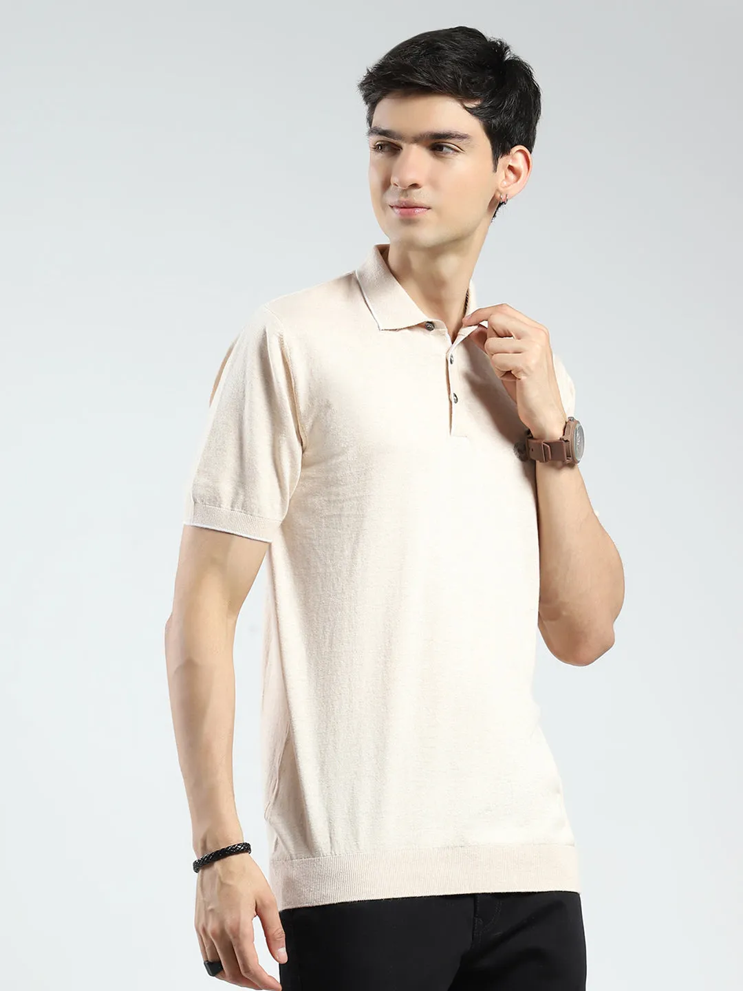 Men Beige Solid Collar Half Sleeve T-Shirt sold by Monte Carlo product image thumbnail 4