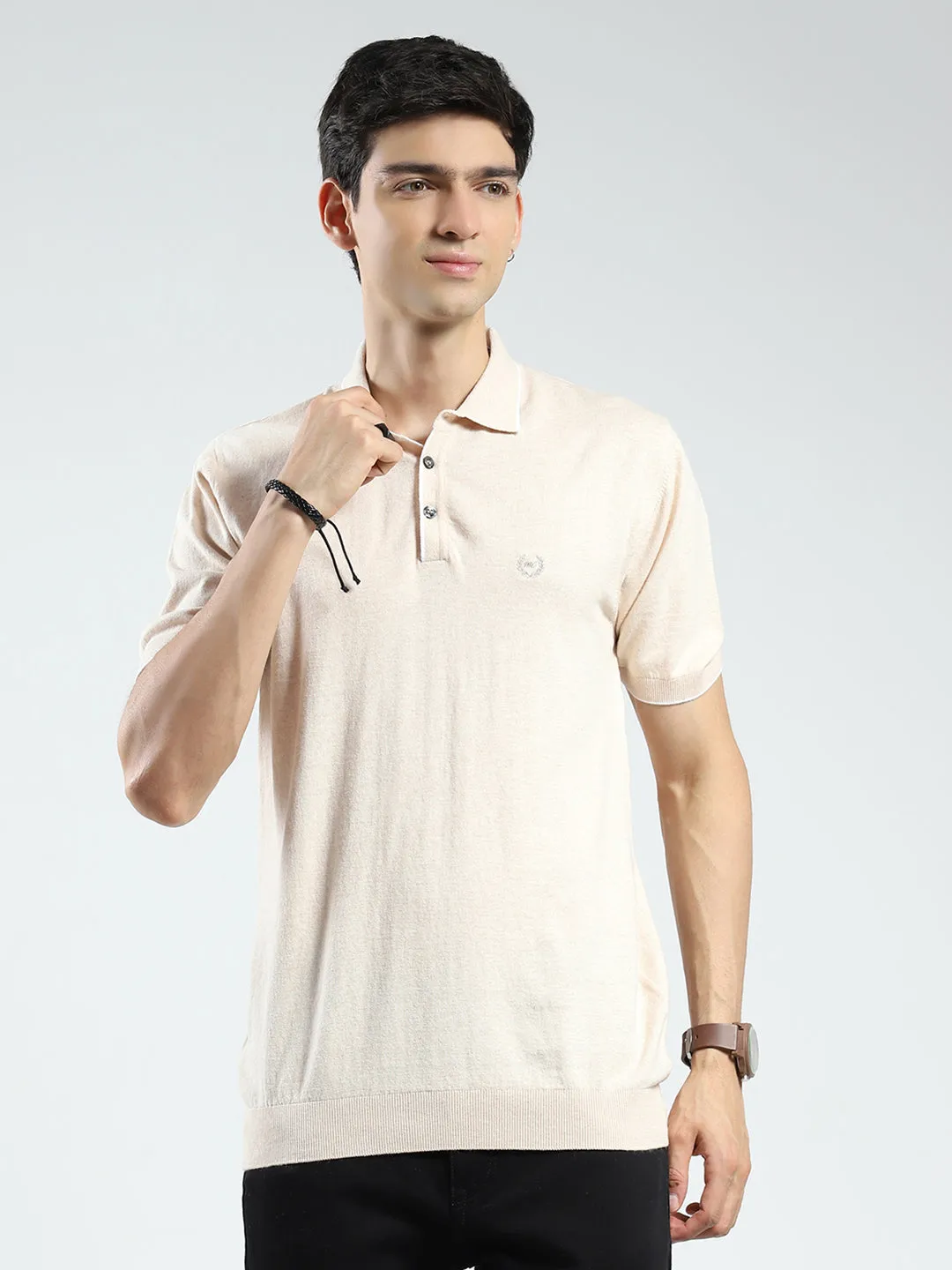 Men Beige Solid Collar Half Sleeve T-Shirt sold by Monte Carlo