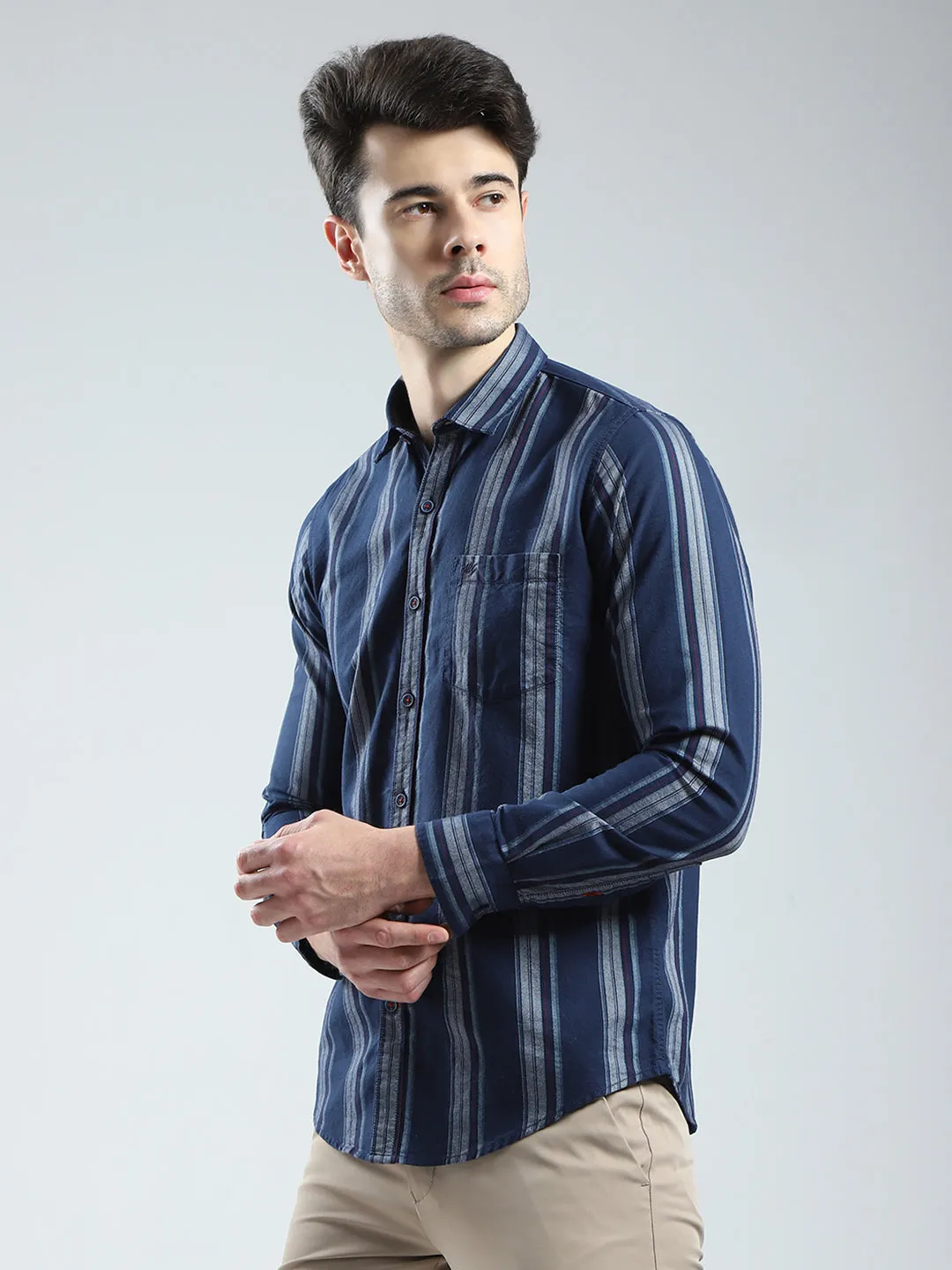 Men Navy Blue Stripe Collar Full Sleeve Shirt sold by Monte Carlo product image thumbnail 3