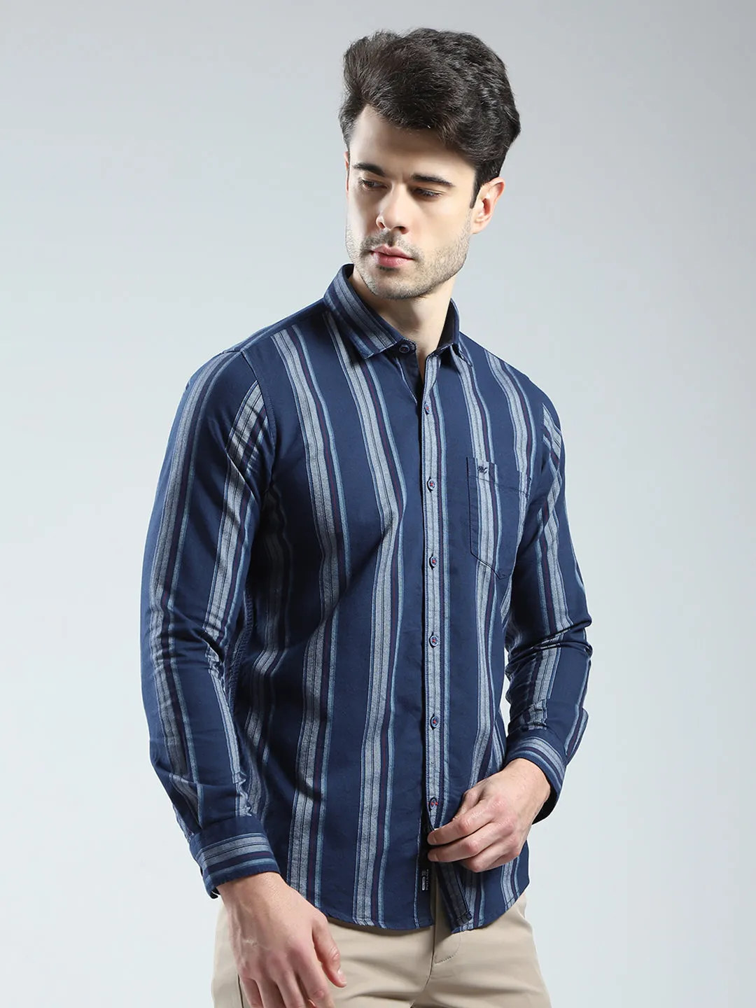 Men Navy Blue Stripe Collar Full Sleeve Shirt sold by Monte Carlo product image thumbnail 4