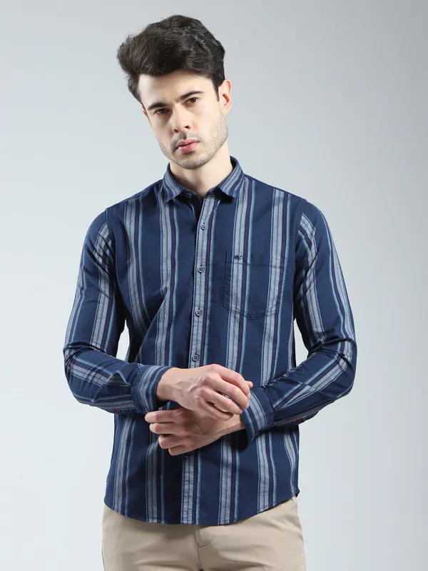 Men Navy Blue Stripe Collar Full Sleeve Shirt sold by Monte Carlo