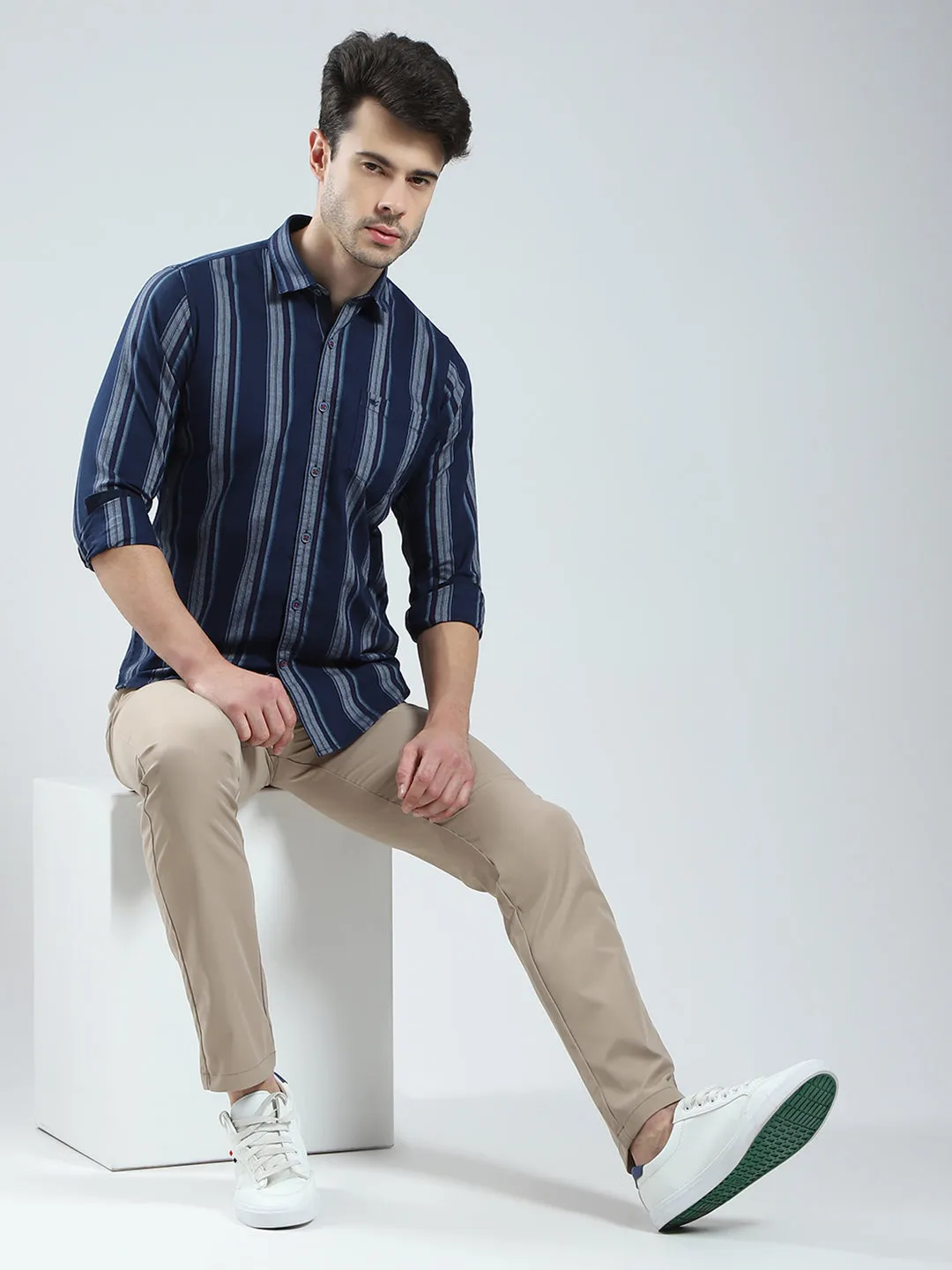 Men Navy Blue Stripe Collar Full Sleeve Shirt sold by Monte Carlo product image thumbnail 2