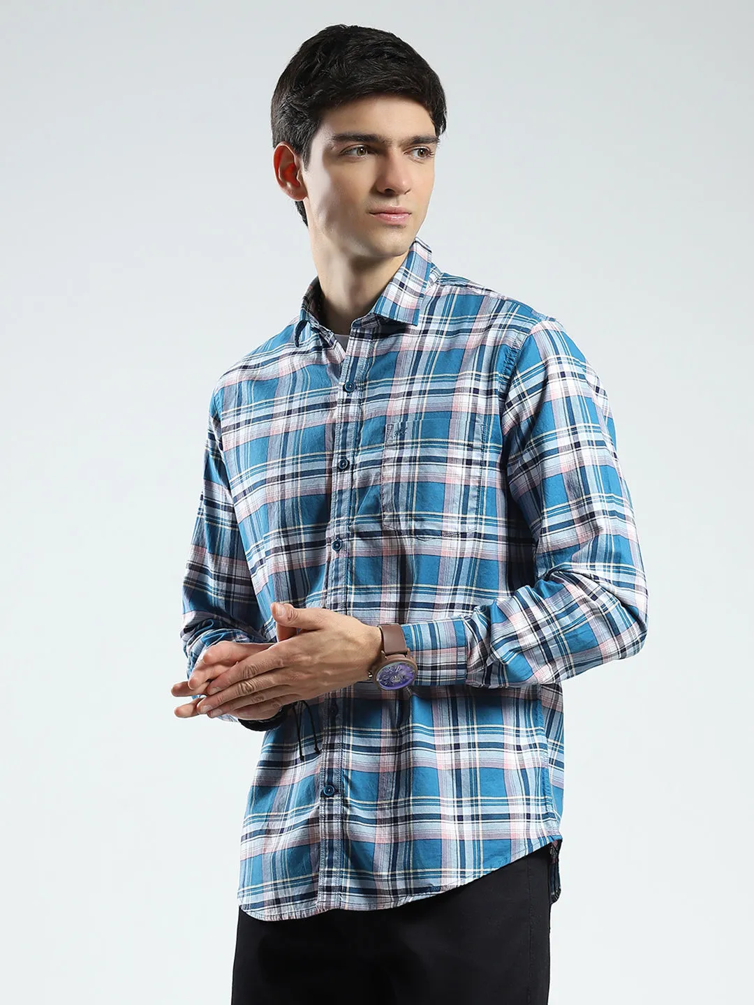 Men Blue Check Collar Full Sleeve Shirt sold by Monte Carlo product image thumbnail 3