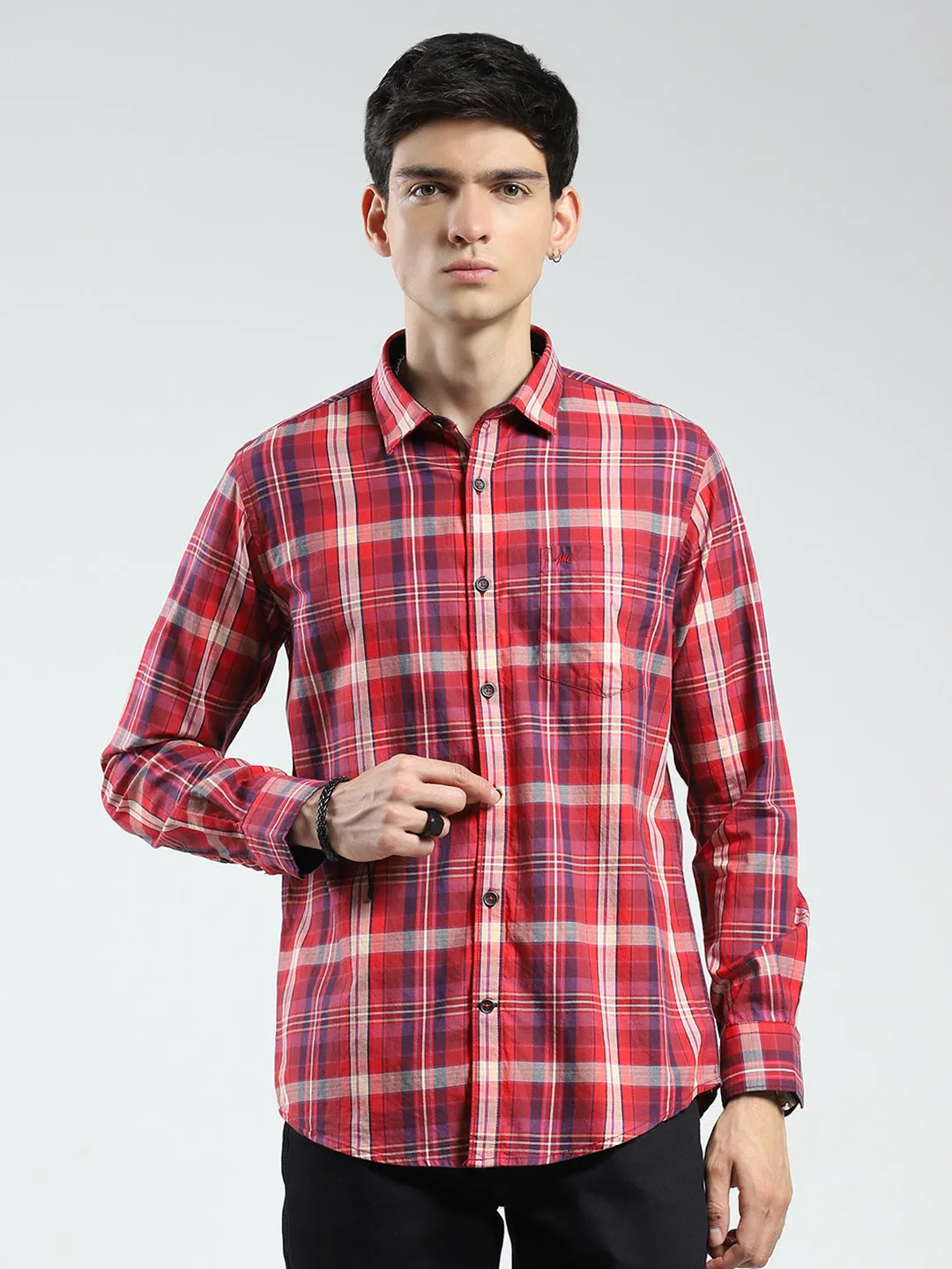 Men Red Check Collar Full Sleeve Shirt sold by Monte Carlo