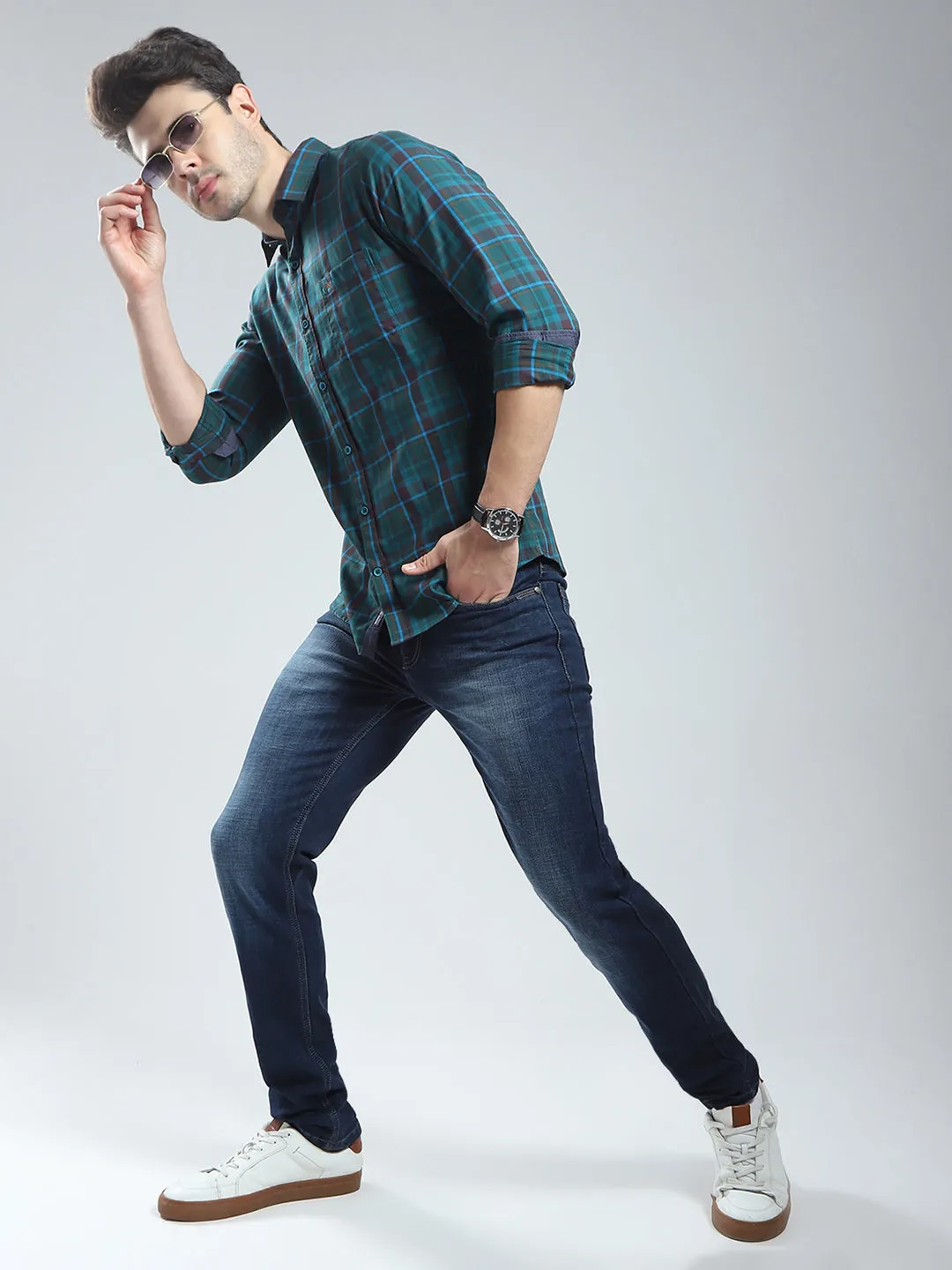 Men Green Check Collar Full Sleeve Shirt sold by Monte Carlo product image thumbnail 2