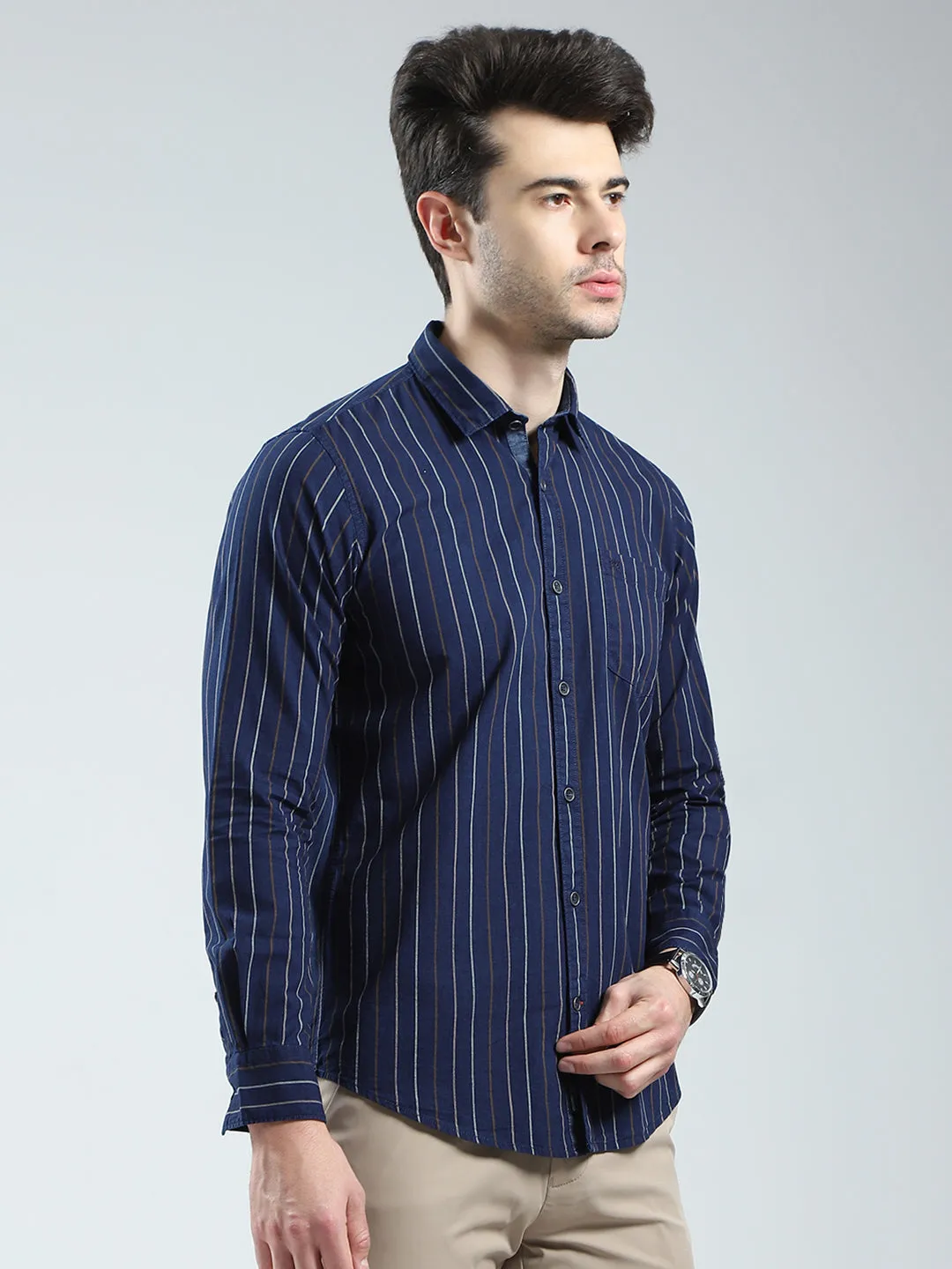 Men Navy Blue Stripe Collar Full Sleeve Shirt sold by Monte Carlo product image thumbnail 4