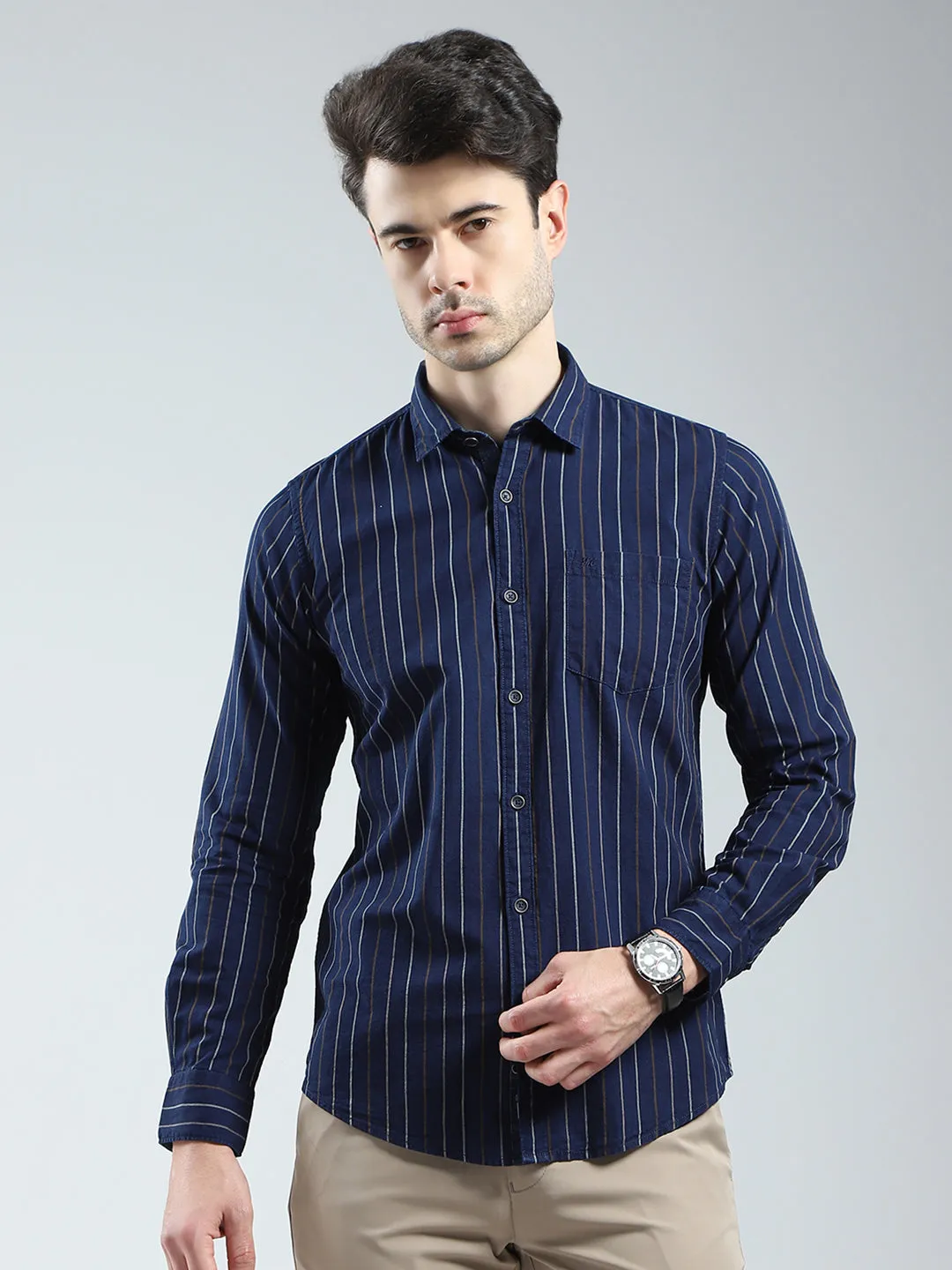 Men Navy Blue Stripe Collar Full Sleeve Shirt sold by Monte Carlo