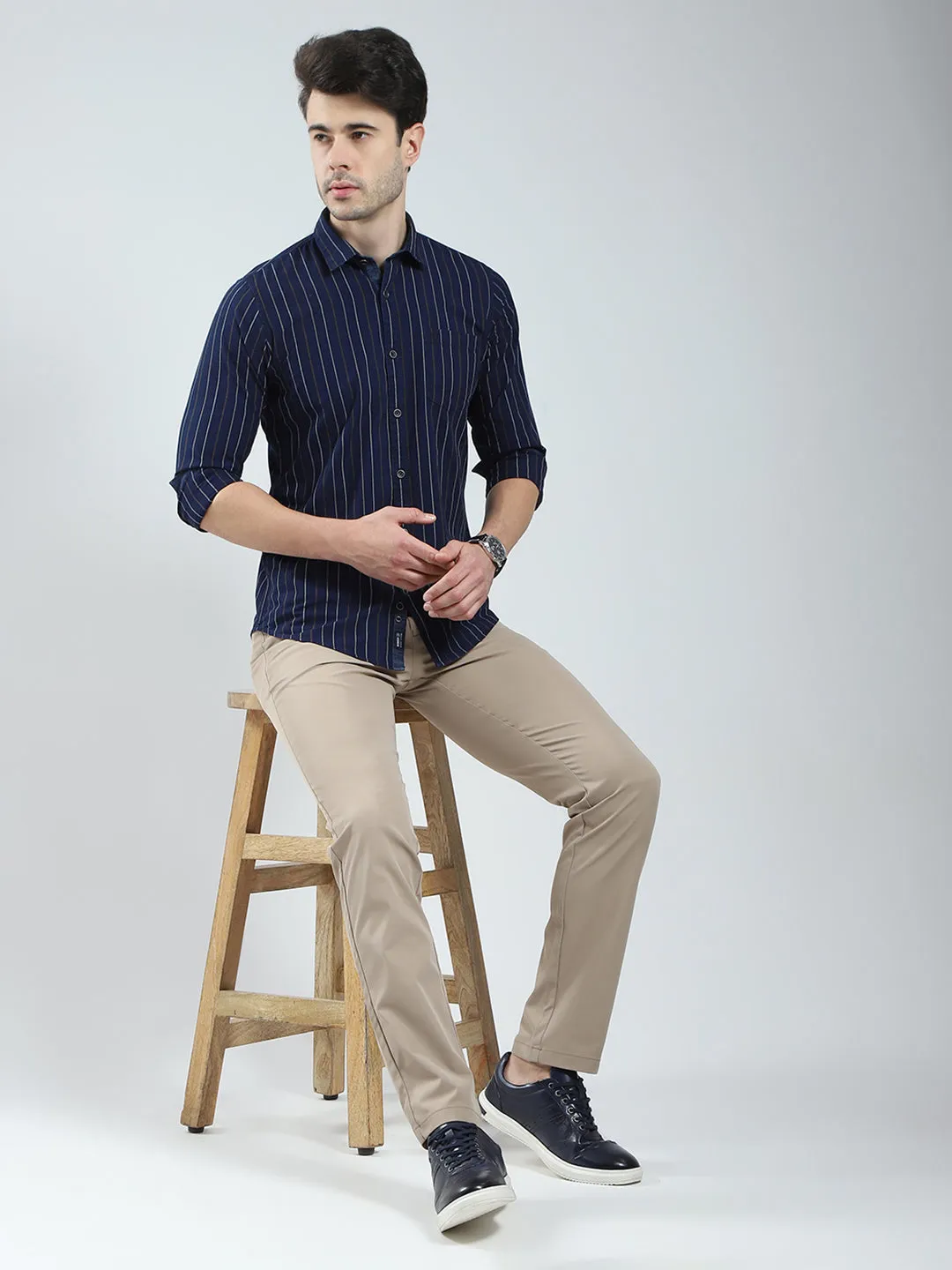Men Navy Blue Stripe Collar Full Sleeve Shirt sold by Monte Carlo product image thumbnail 2