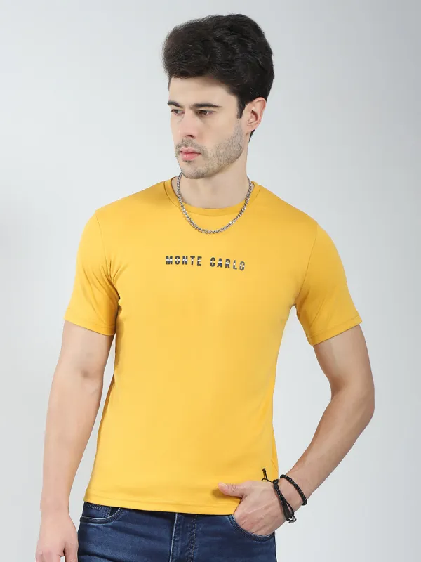 Men Mustard Solid Round Neck Half Sleeve T-Shirt made by Monte Carlo