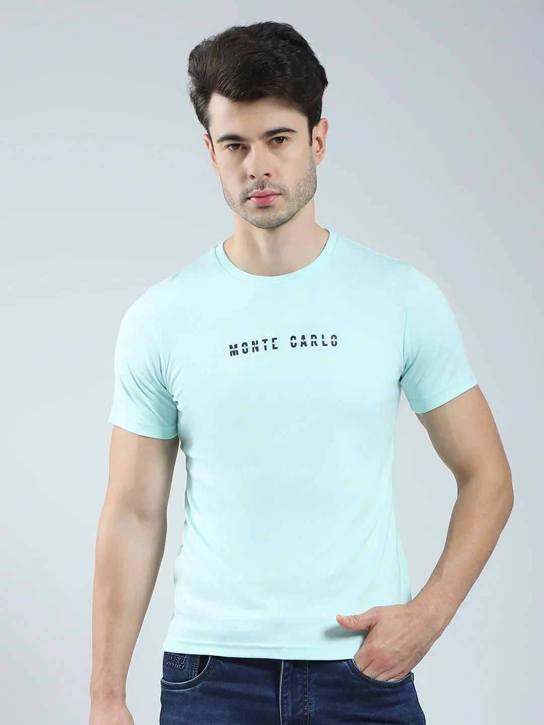 Men Blue Solid Round Neck Half Sleeve T-Shirt sold by Monte Carlo