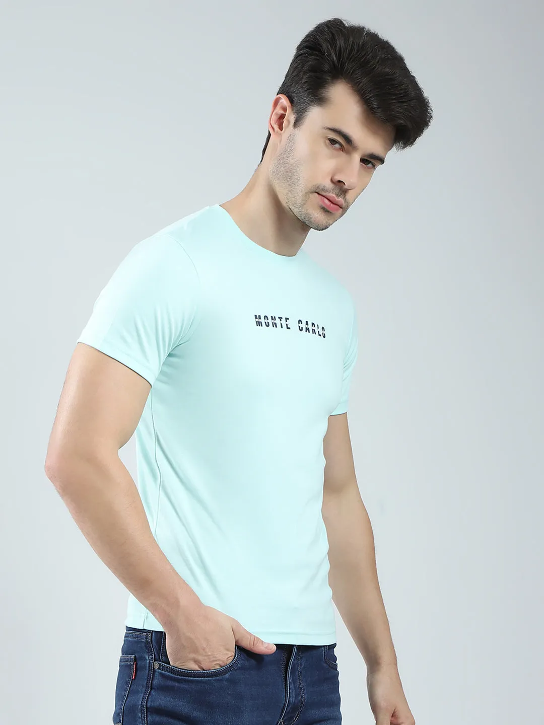 Men Blue Solid Round Neck Half Sleeve T-Shirt sold by Monte Carlo product image thumbnail 4