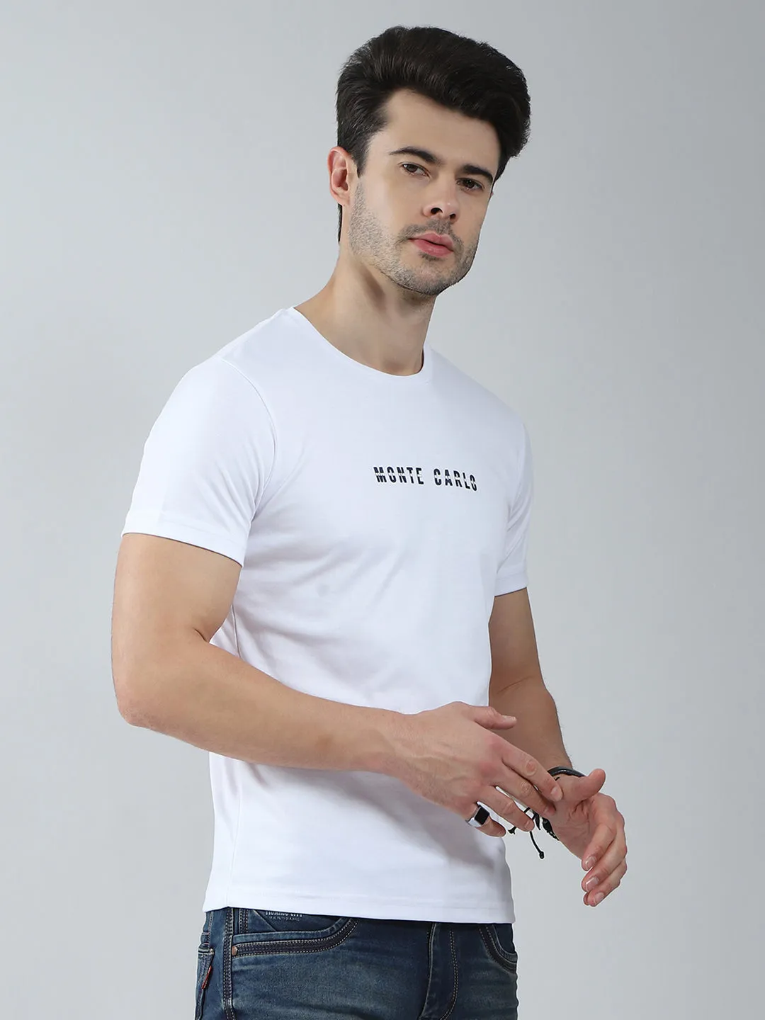 Men White Solid Round Neck Half Sleeve T-Shirt sold by Monte Carlo product image thumbnail 4