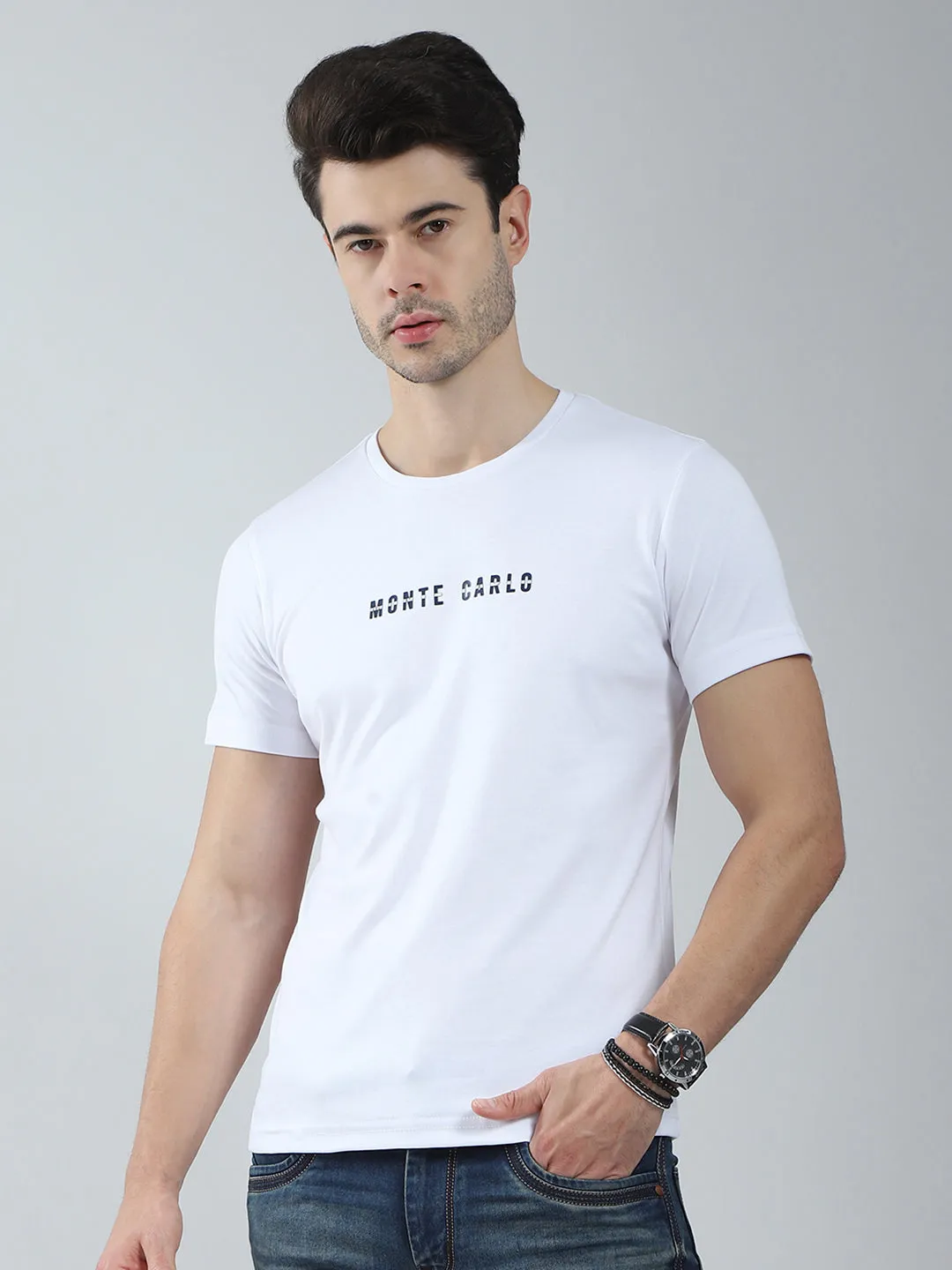 Men White Solid Round Neck Half Sleeve T-Shirt sold by Monte Carlo