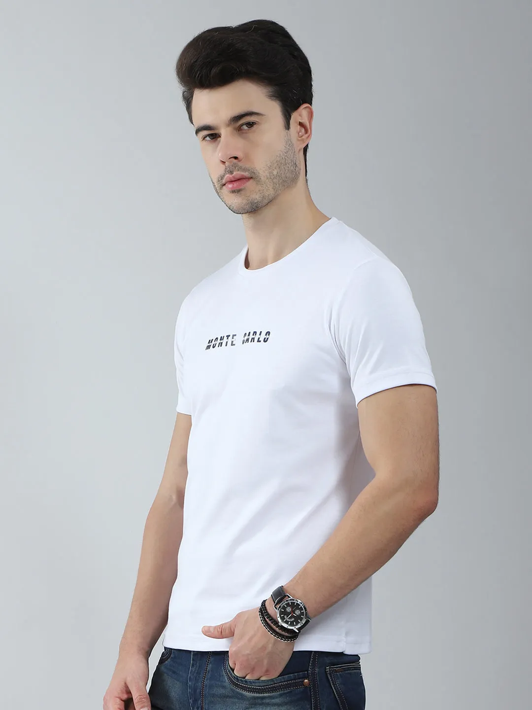 Men White Solid Round Neck Half Sleeve T-Shirt sold by Monte Carlo product image thumbnail 3