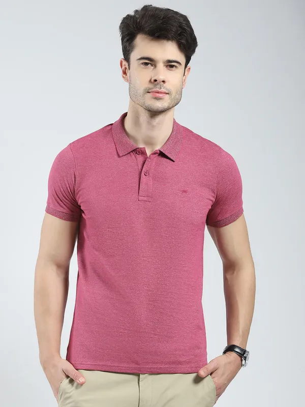 Men Pink Solid Collar Half Sleeve T-Shirt made by Monte Carlo